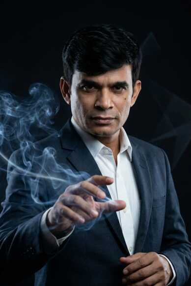 Magician Sooraj pointing forward with subtle smoke symbolizing psychological influence