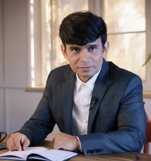 Magician Sooraj seated at a desk in a modern professional setting, presenting a calm and confident corporate mentalism persona.